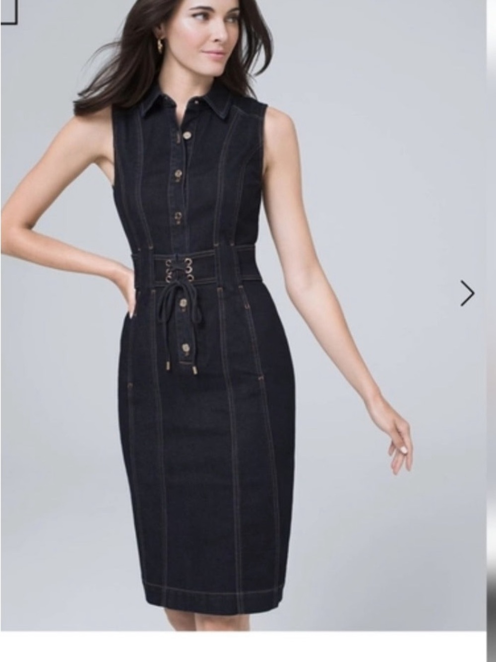White House Black Market Black Sleeveless Denim Midi Dress with Lace-Up Waist
